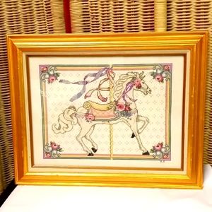 Vintage Handcrafted Cross-Stitching Carousel Horse Frame Sign A.Y. 19x16